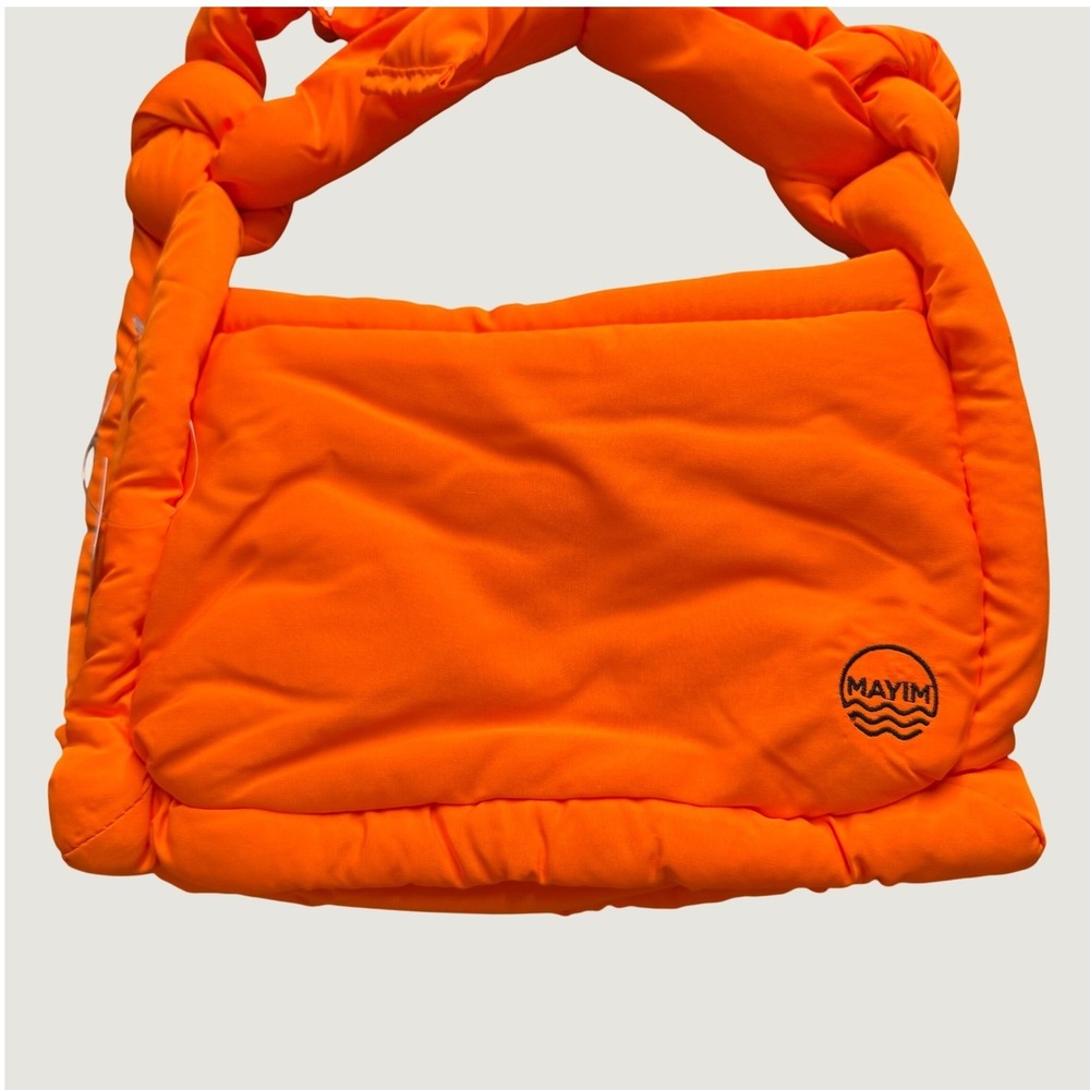 Padded Shoulder Bag OS Neon Puffer Bow Handle Nylon Quilted Orange NEW